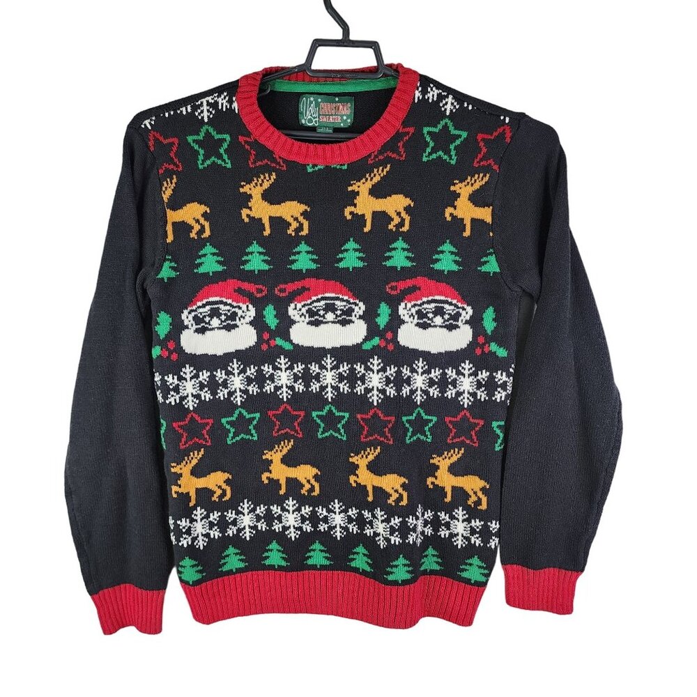 Mens Ugly Christmas Sweater Pullover Festive Holiday w/ Santa & Reindeer Size L